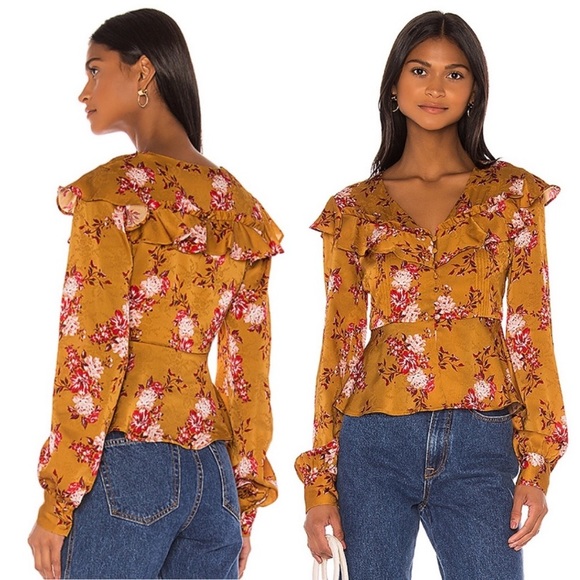 MAJORELLE Broadway V-Neck Ruffle Floral Satin Top Blouse Revolve Size XS - Picture 2 of 14